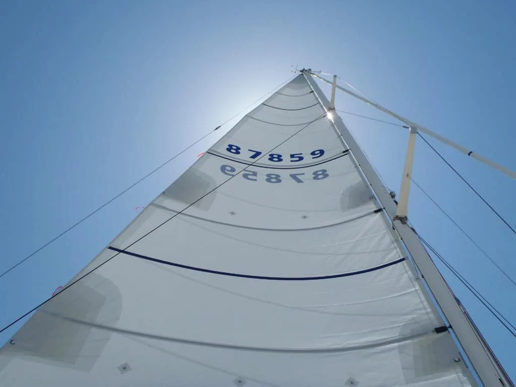 Upward view of a Dacron mainsail with sail number 87859 against a bright blue sky