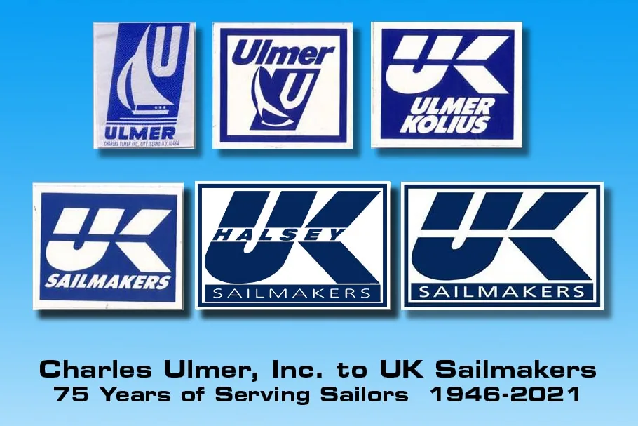 Six historic sailmaker logos above the text 'Charles Ulmer, Inc. to UK Sailmakers, 75 Years of Serving Sailors 1946-2021'
