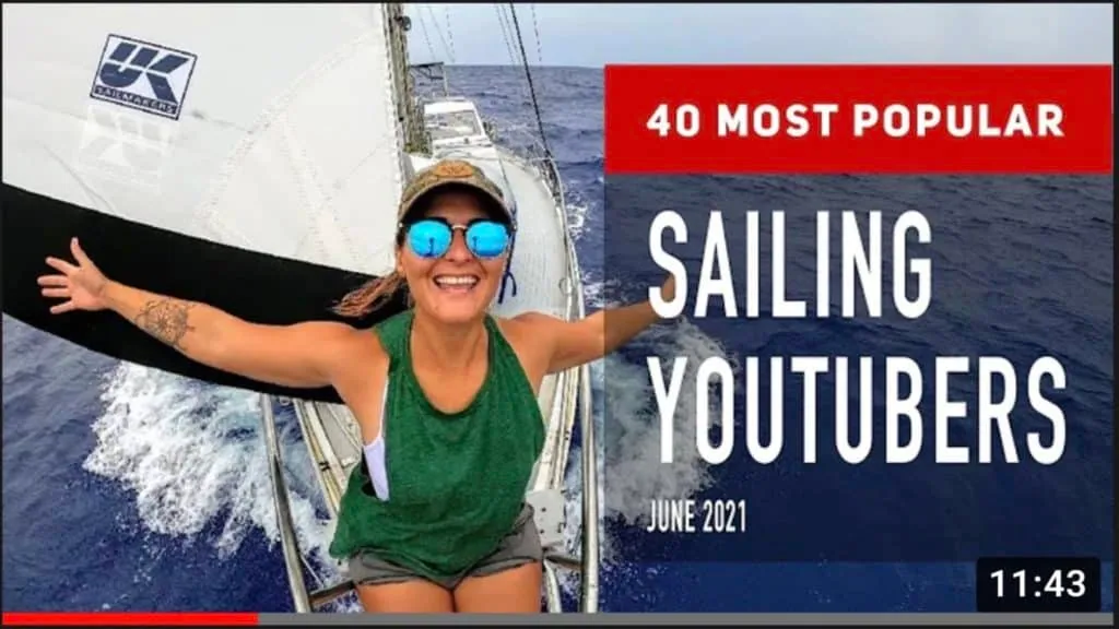 YouTube thumbnail '40 Most Popular Sailing YouTubers, June 2021' with a woman on a bow
