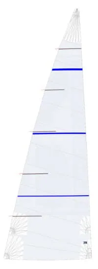 Illustration of a Dacron cruising mainsail with blue leech trim and radial threadlines