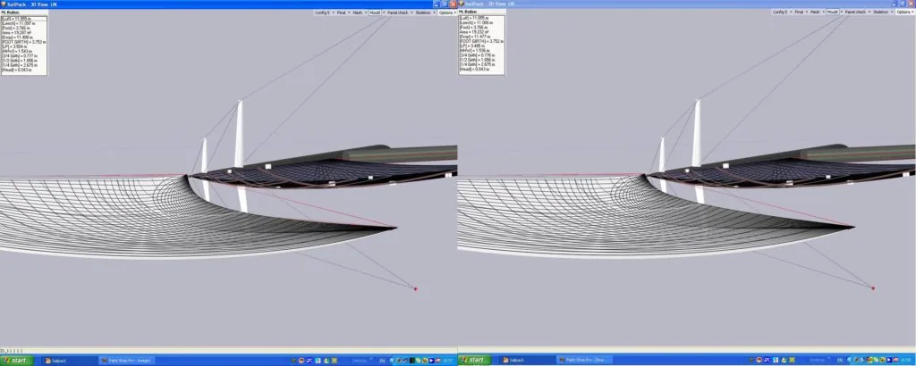 Side-by-side sail design software views comparing an inhauled jib to a standard jib