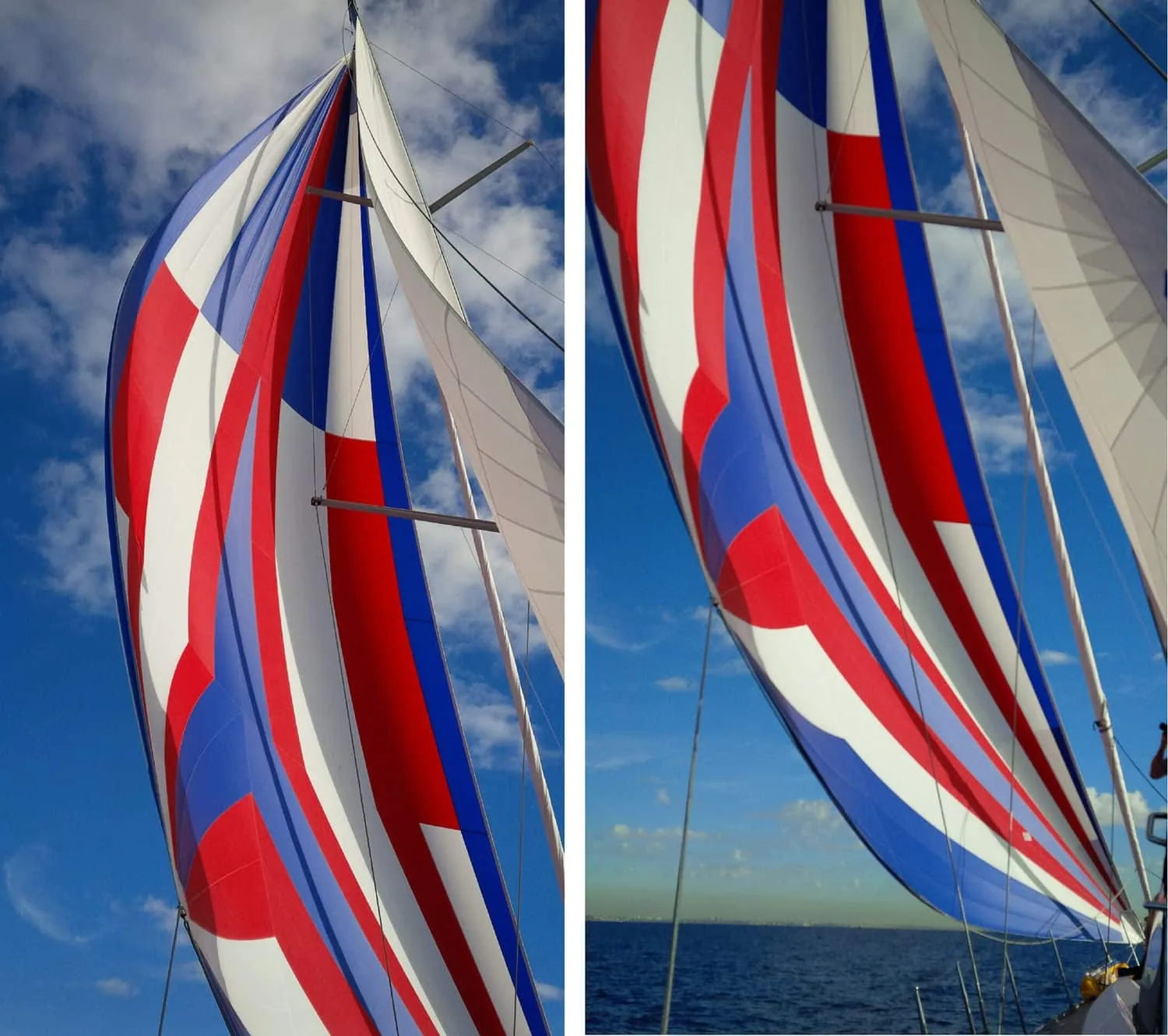 Two-photo collage of a red, white and blue cruising asymmetric spinnaker flying from a bowsprit