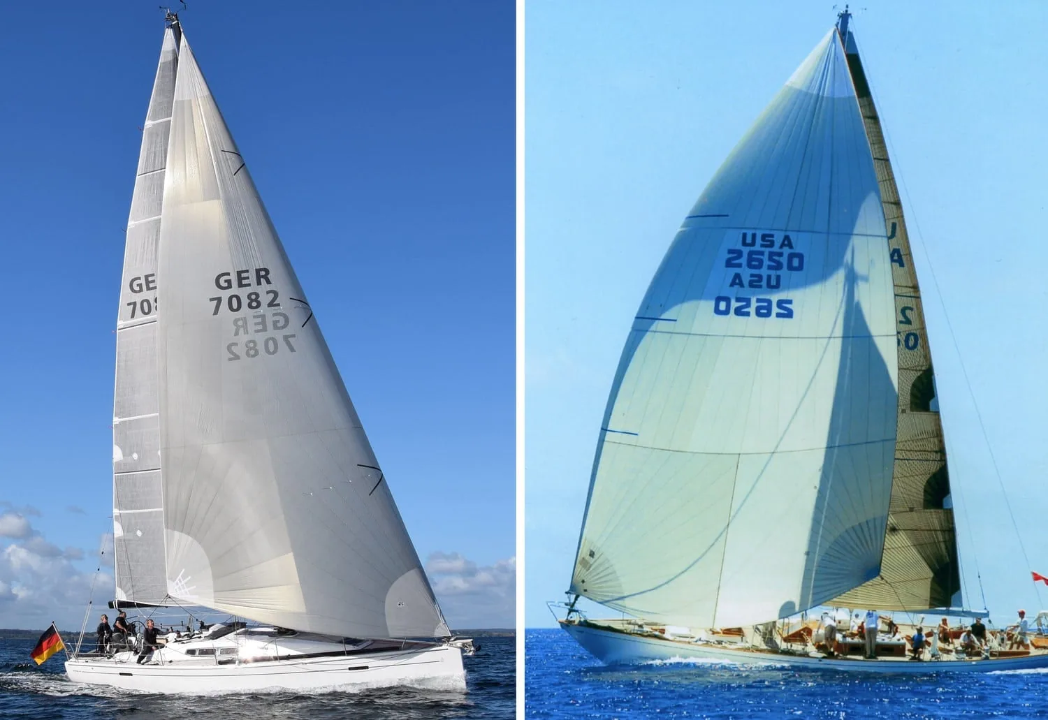 Two-photo collage of white headsails on different boats, 'GER 7082' and 'USA 2650'