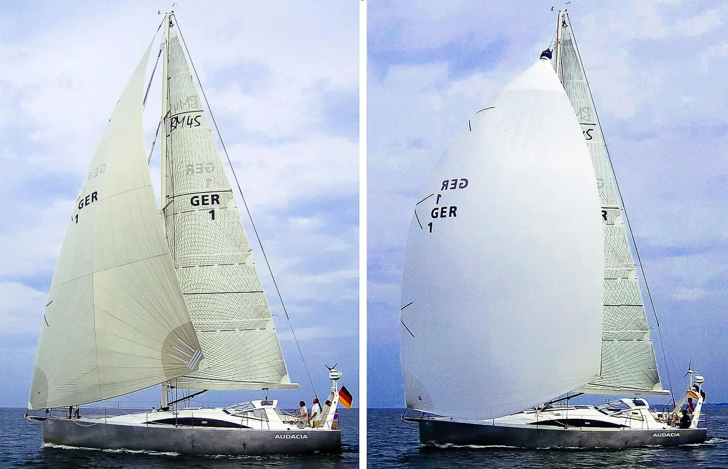 A Code Zero (left) alongside a cruising spinnaker on the same boat — flatter and more triangular for close reaching.