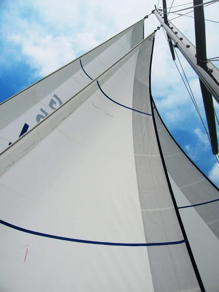 Upward view of a Dacron double-head rig showing genoa and staysail against the sky