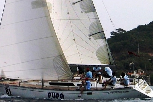 Cruising sloop 'PUPA' (81) sailing under full main and genoa near a hillside