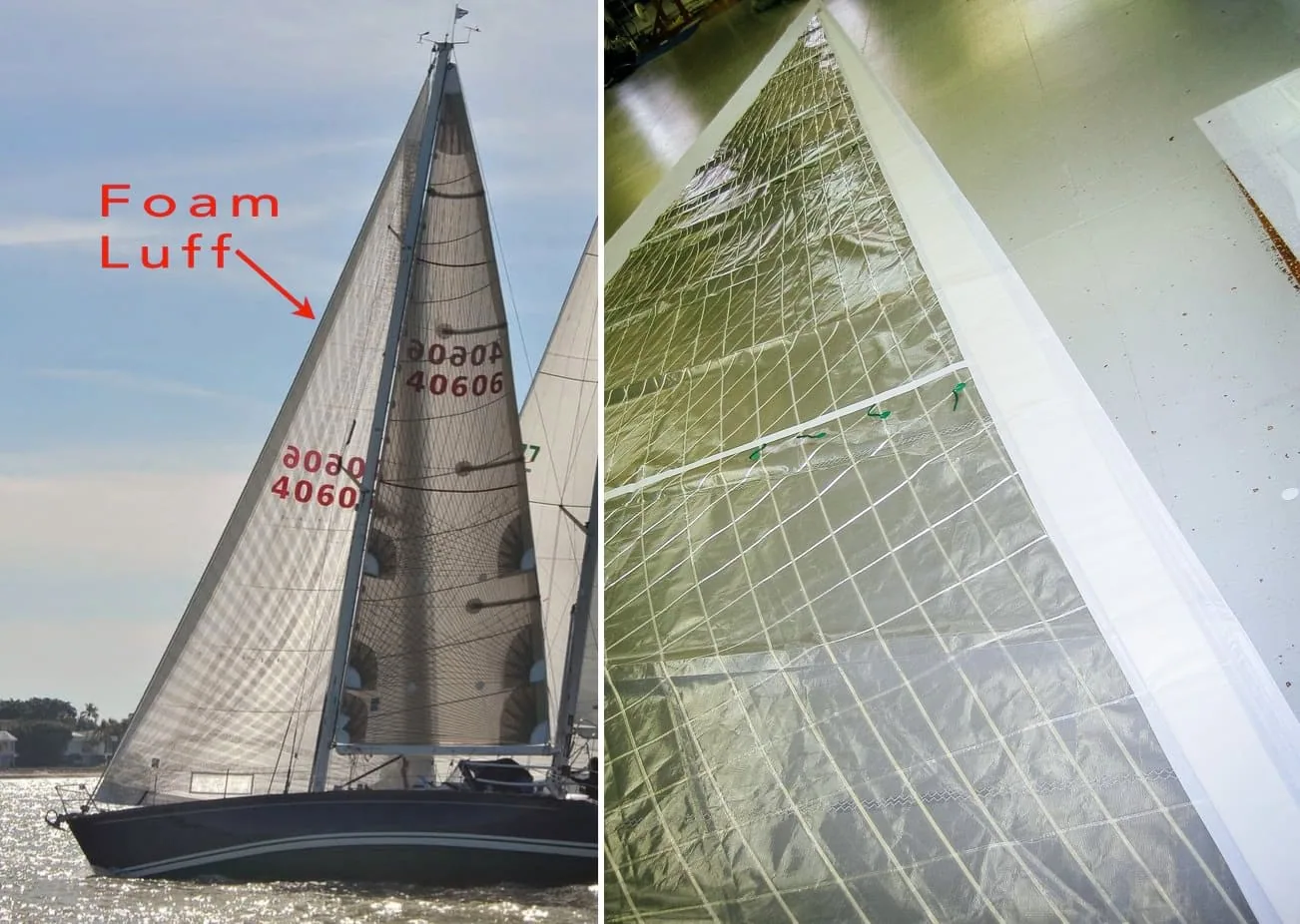 Sailboat under genoa labeled Foam Luff, beside a close-up of the foam luff material