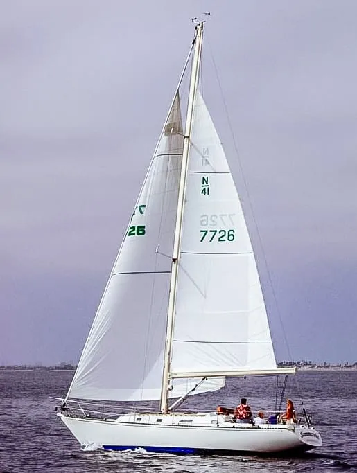 Sloop-rigged cruising yacht sailing under full main and headsail, hull marked 'N/41'