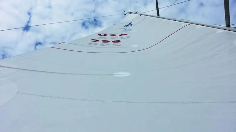 Looking up a J/105 mainsail numbered USA 296 against a cloudy sky