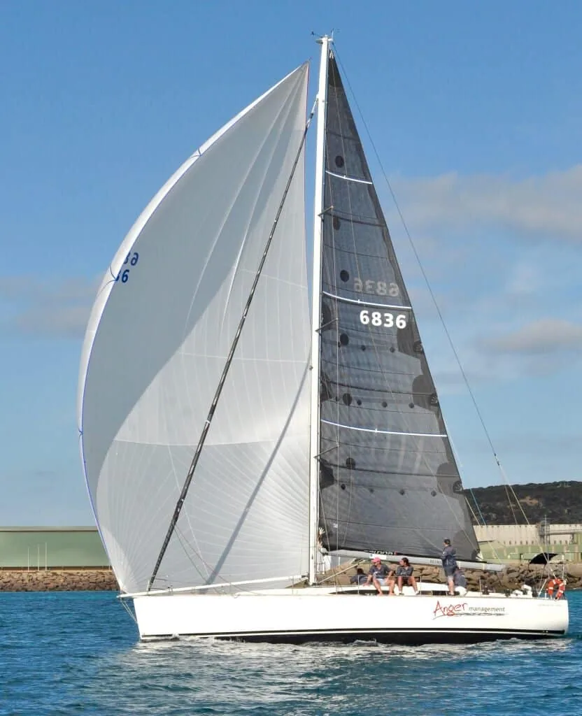 Salona 44 Anger Management sailing under spinnaker and mainsail, sail number 6836