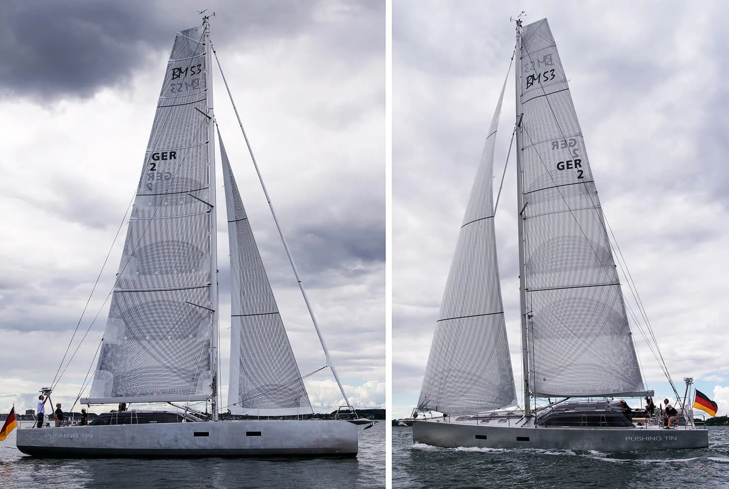 Two-panel comparison photos of a large sloop sailing upwind under mesh-pattern sails