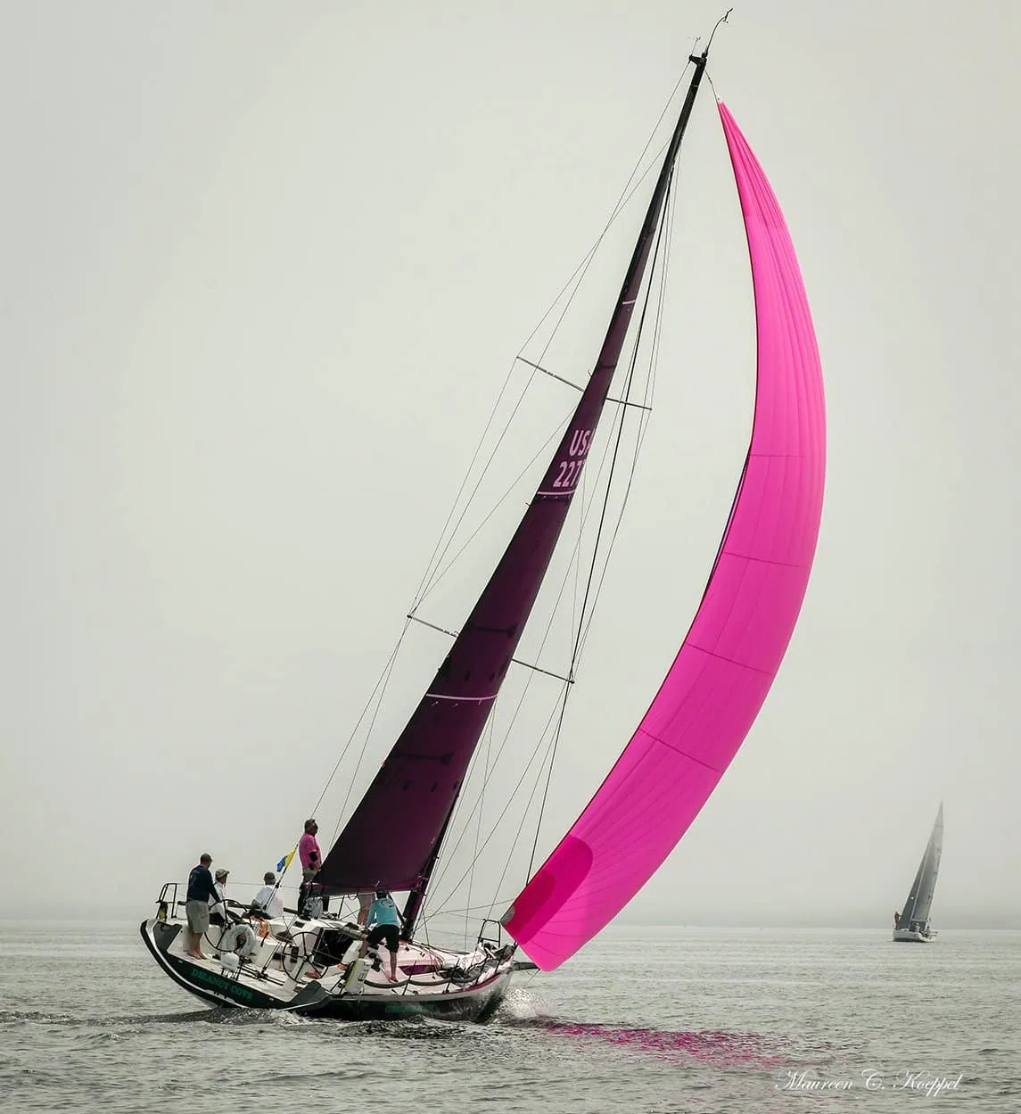 Dark-hulled ORC racer, sail number 2277, flying an A3 and a hot pink spinnaker offshore