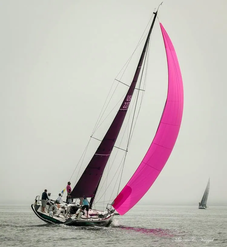 Christopher Dragon flying her dark A3 alongside a pink spinnaker offshore in fog