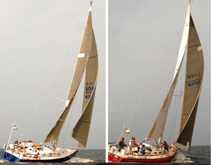 Two-panel comparison of racing yachts sailing under tan Jib Tops