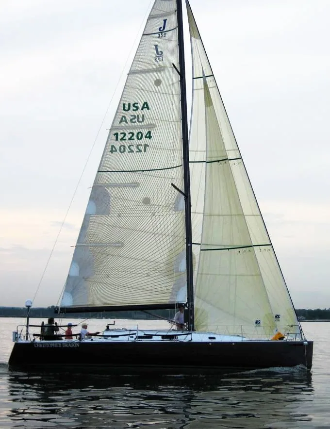 Racing sloop USA 12204 sailing under a Jib Top with a staysail set behind it