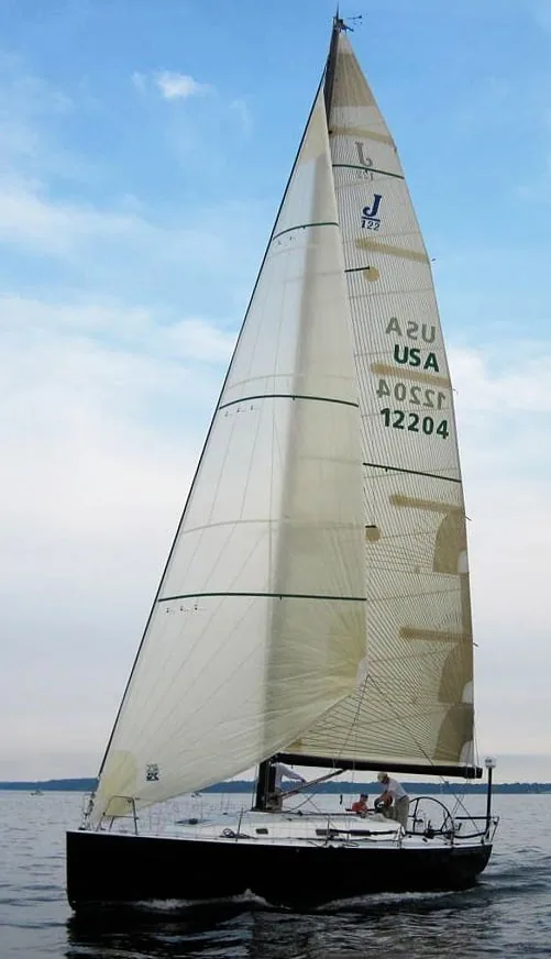 J/122 close-hauled under her Jib Top, sail number USA 12204