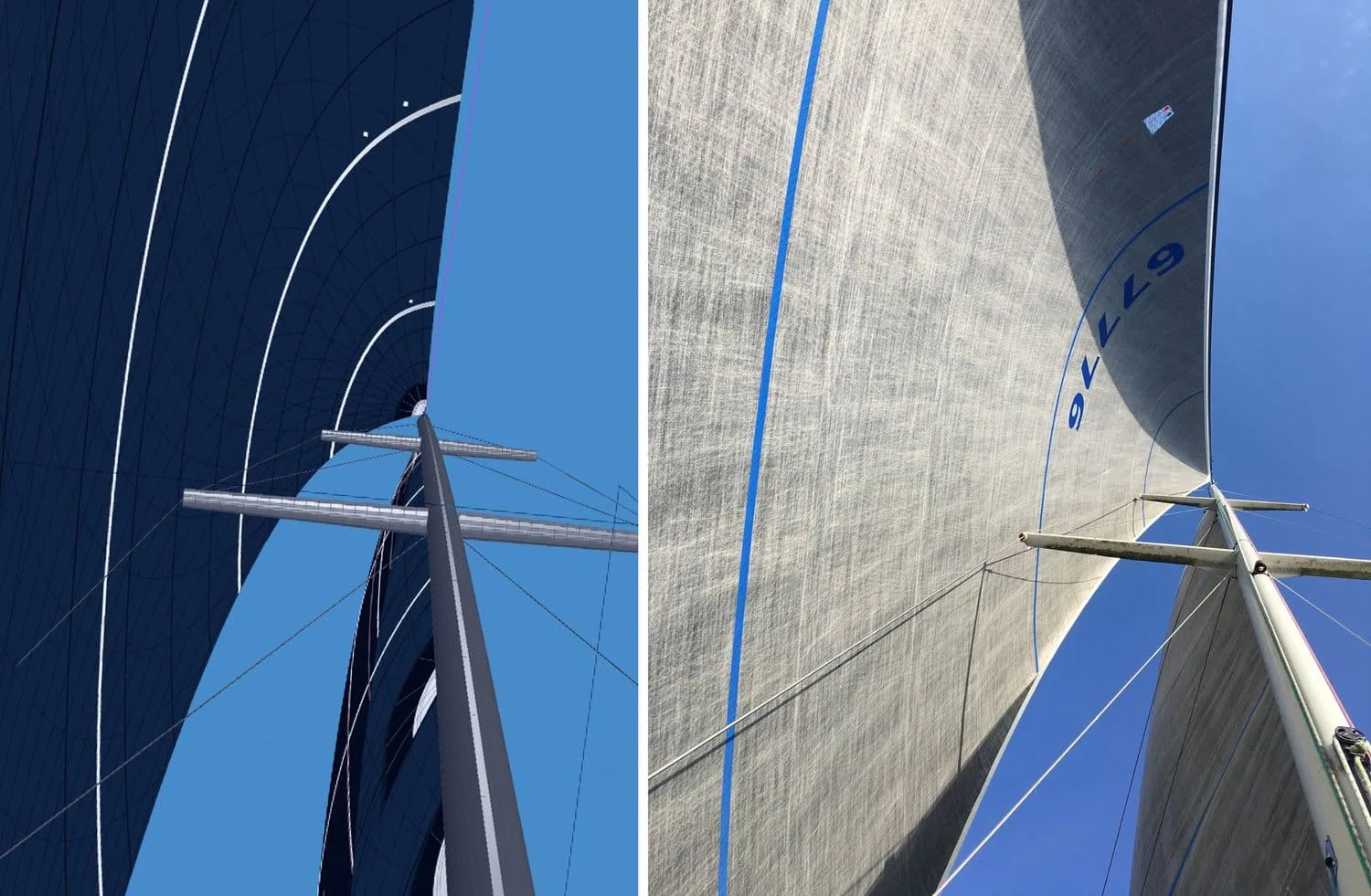 Side-by-side comparison of a Santa Cruz 50 light No. 1 genoa's design render and the sail flying