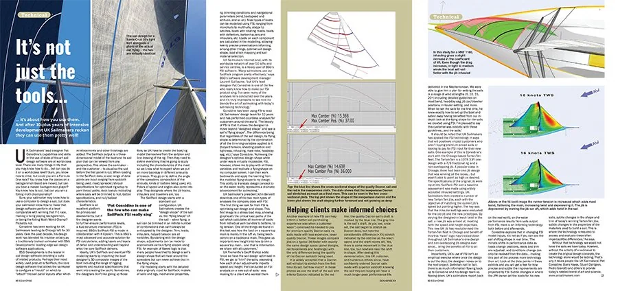 Scanned Seahorse magazine spread on sail design technical analysis with charts and photos