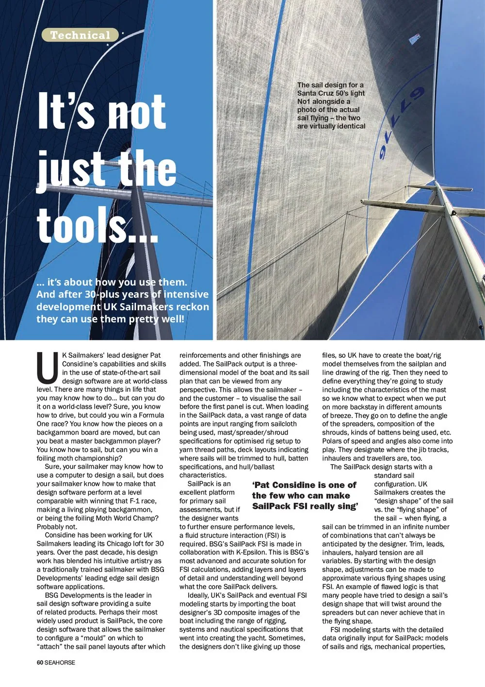 Seahorse magazine page 'It's Not Just the Tools', on UK Sailmakers' SailPack design software