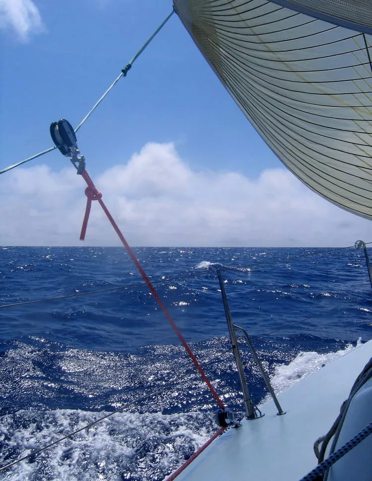 Red tweaker line running from a block down to the deck under a jib top