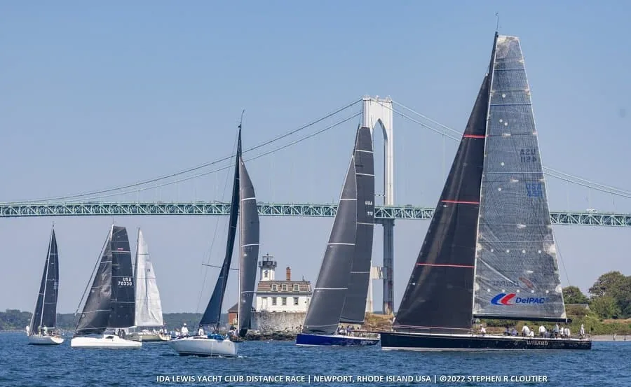 Fleet of offshore racers starting the Ida Lewis Yacht Club Distance Race off Newport