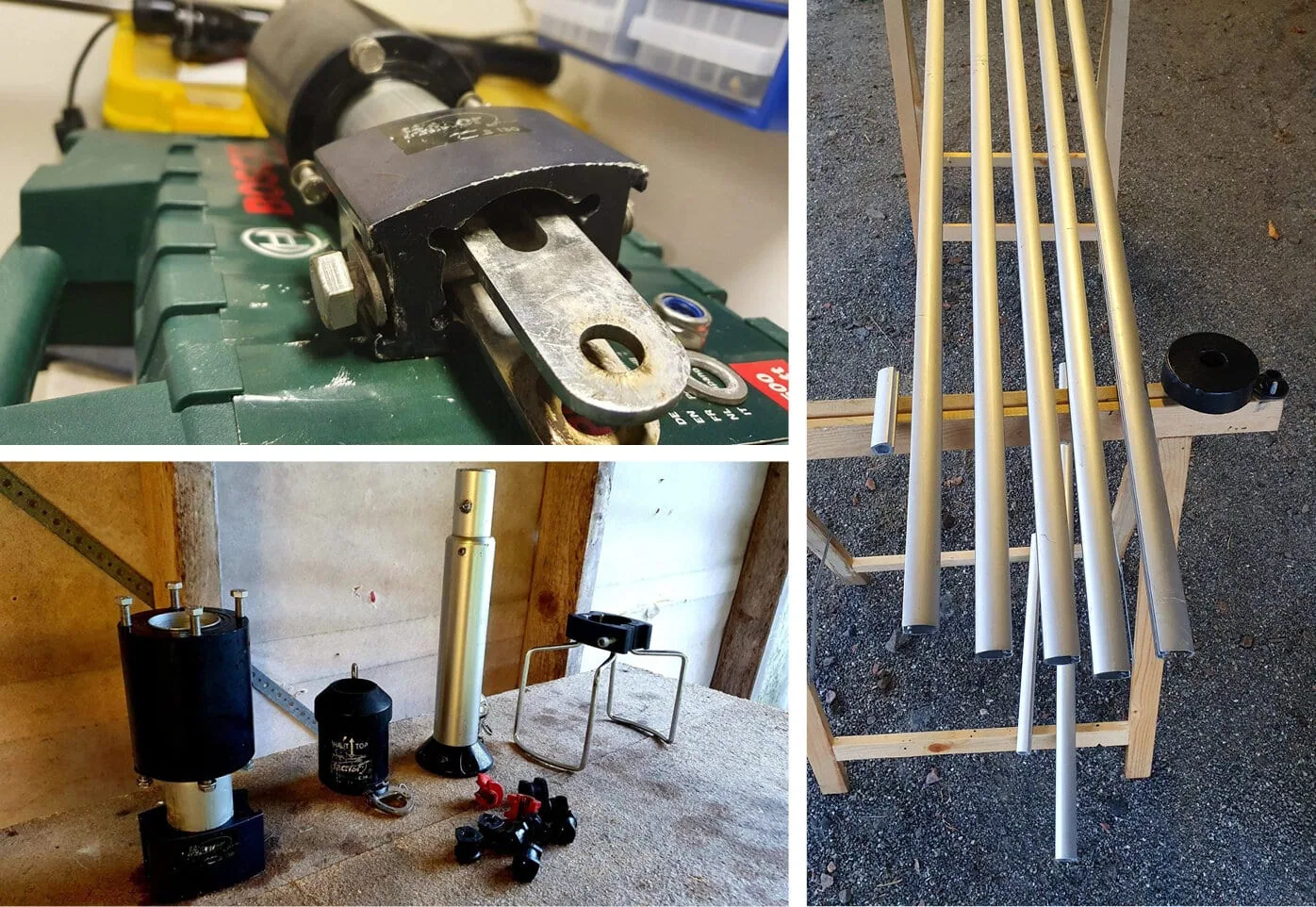 Four photos of a disassembled roller furler: drum, foil sections, and bearing parts