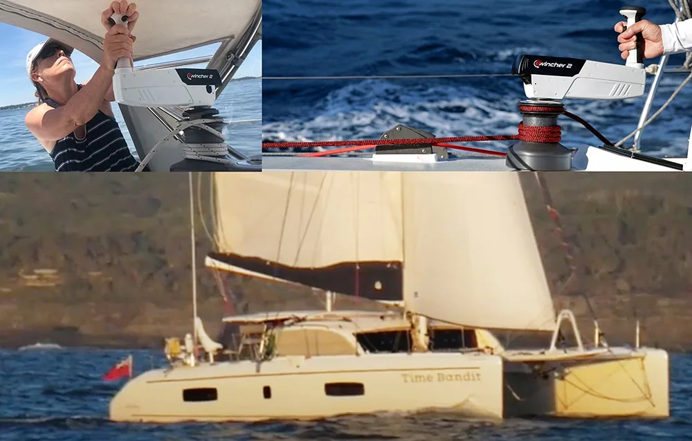 Three-photo composite of a sailor using an Ewincher handle aboard the catamaran Time Bandit