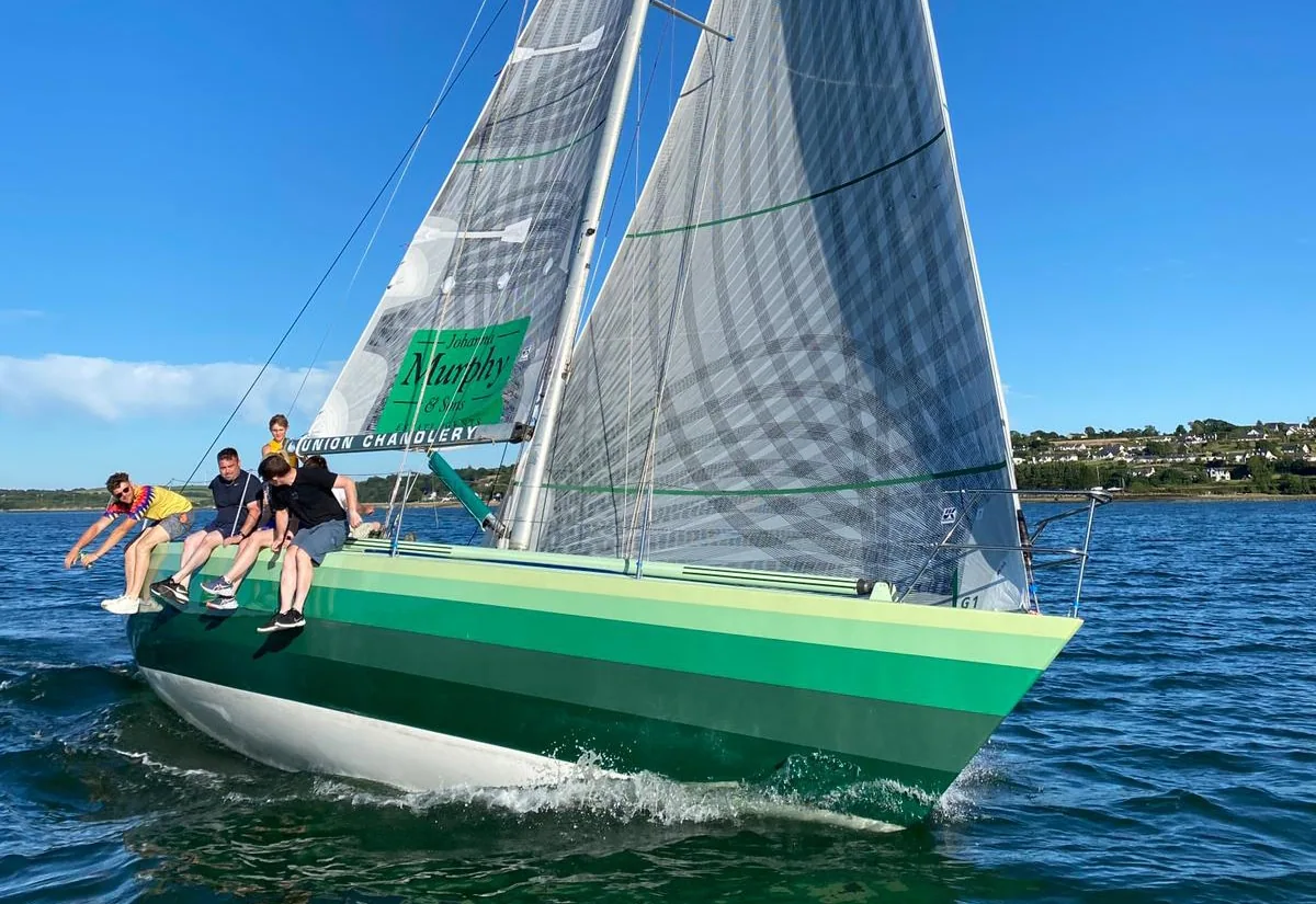 Classic IOR racer Imp sailing with crew hiking out under her new X-Drive® Carbon sails