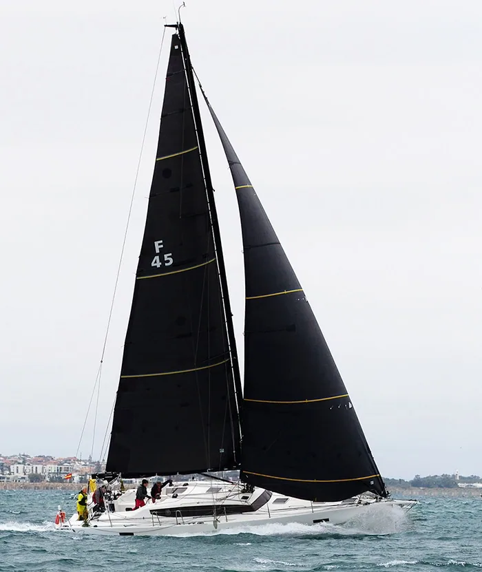 JPK 45 Sirene under black X-Drive® double-taffeta main and jib, sail number F45