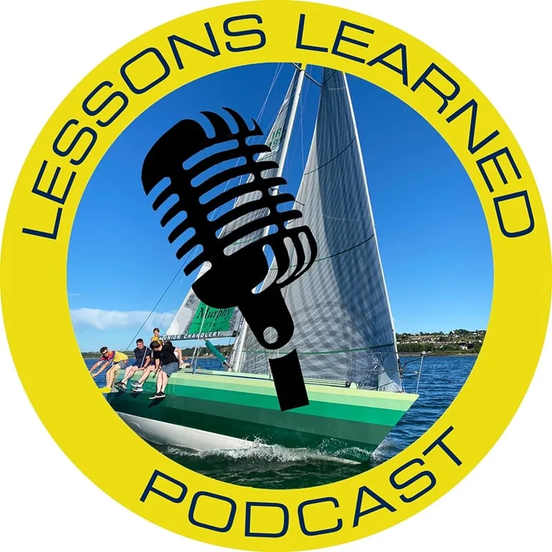 Lessons Learned podcast logo, a microphone over a photo of a sailboat racing