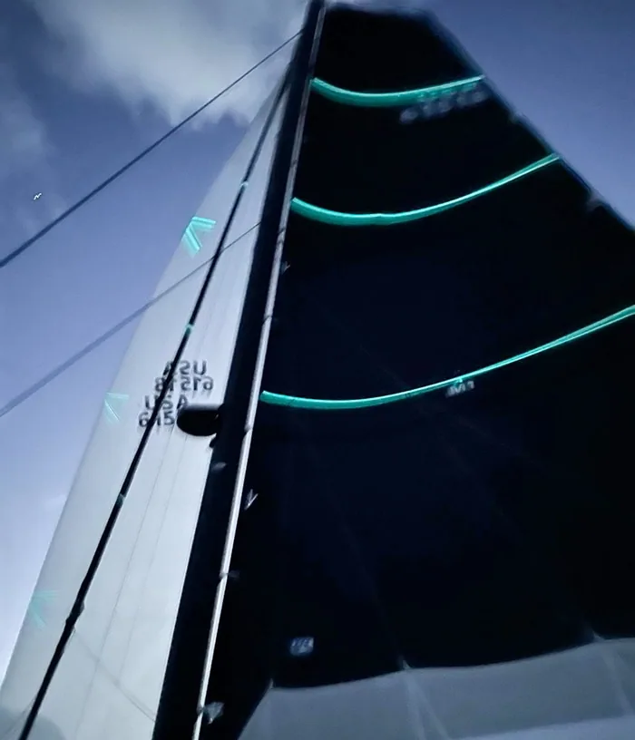 Dark spinnaker with glow-in-the-dark leech stripes seen from below at night