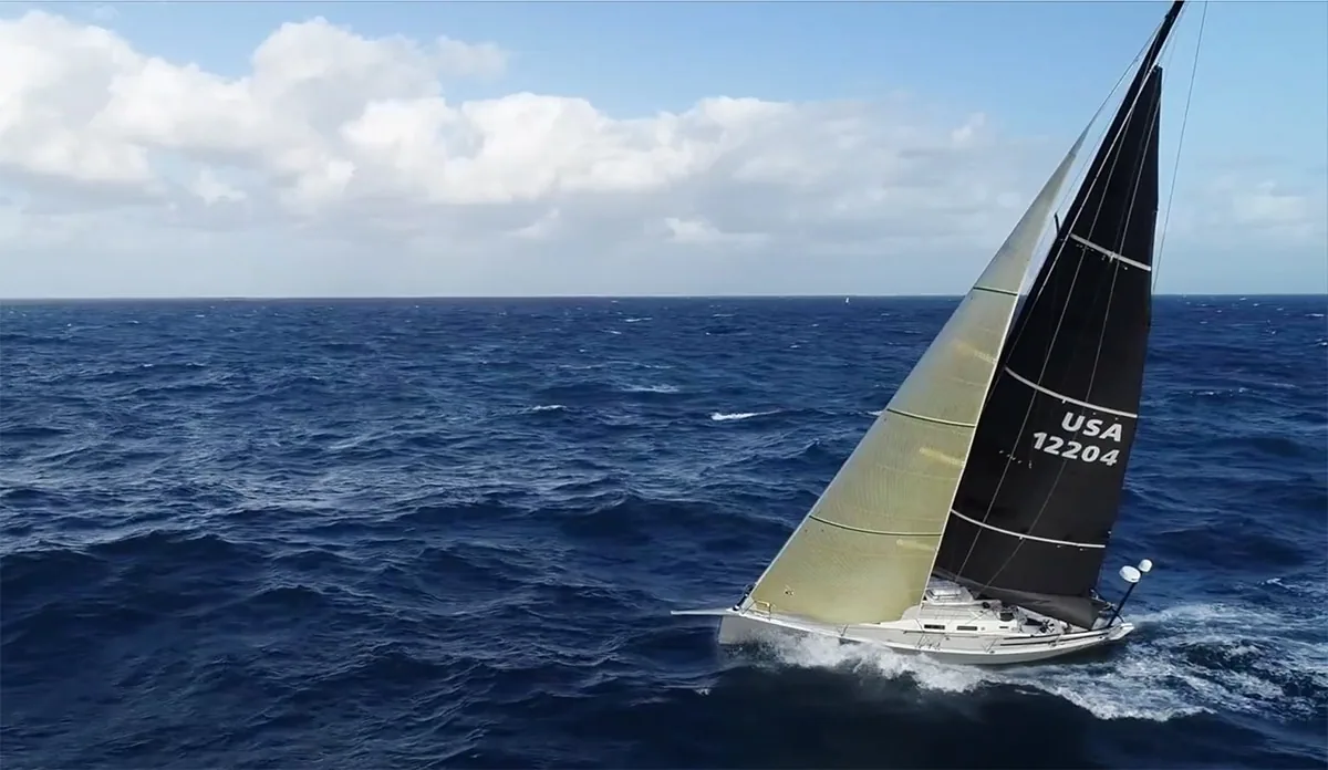 Aerial shot of J/122 Dire Wolf, sail number USA 12204, heeled upwind