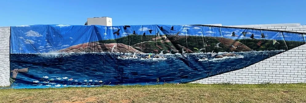 Recycled sail repainted as a coastal mural of cliffs, birds and surf