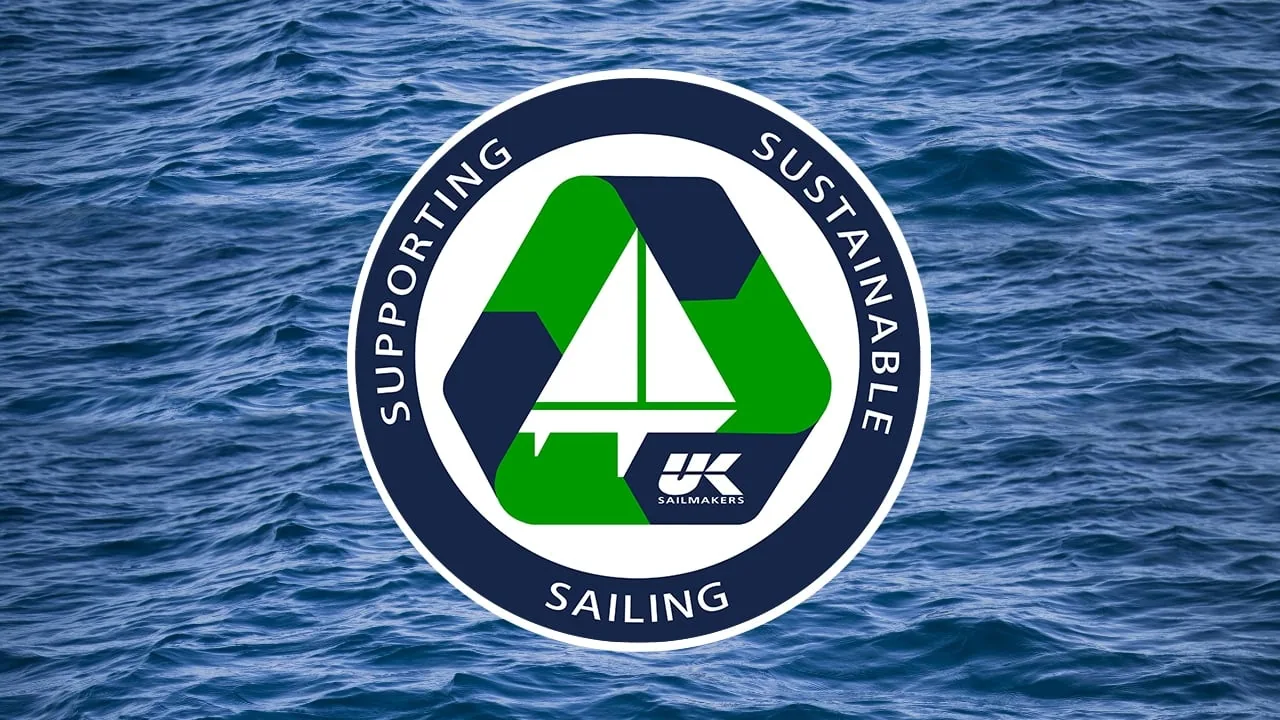 Supporting Sustainable Sailing recycling badge over a UK Sailmakers boat icon