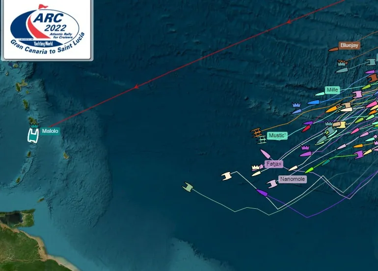 ARC 2022 fleet tracker map showing Malolo's finished route to Saint Lucia