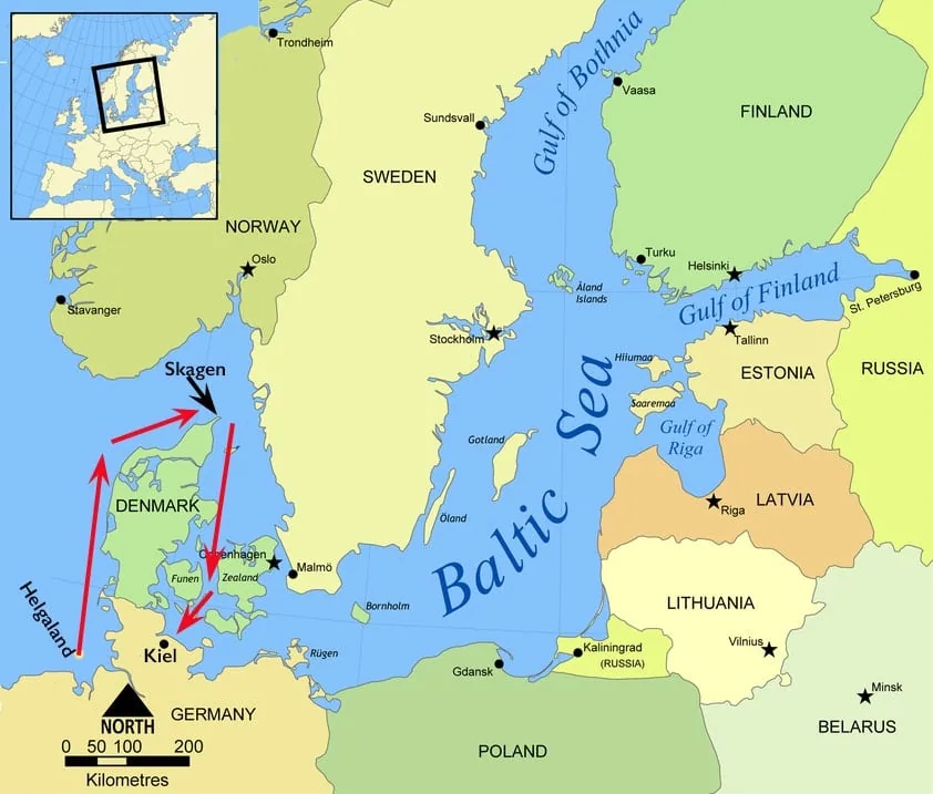 Baltic Sea map showing the Around Skagen race route from Kiel to Skagen