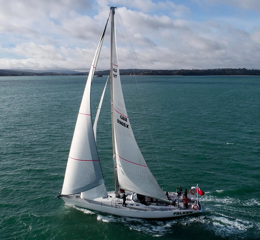 Farr 65 Falken reaching under X-Drive® main and genoa near the coast