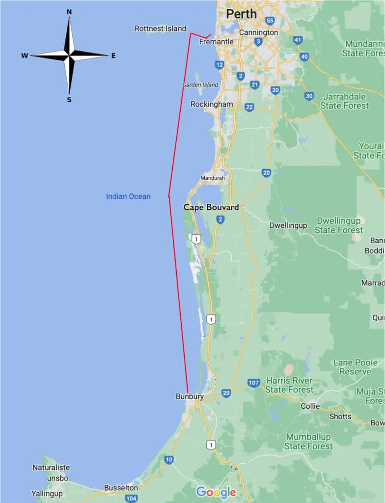 Course map of the Bunbury and Return Race from Fremantle to Bunbury, Western Australia