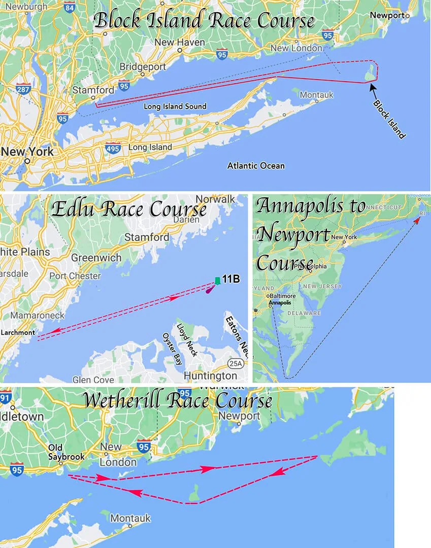 Course maps for the Block Island, Edlu, Annapolis to Newport and Wetherill distance races
