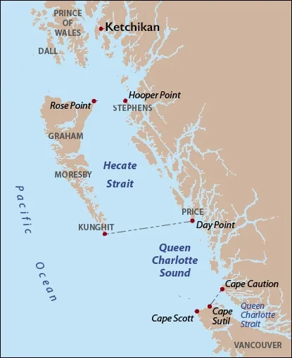 Map of Hecate Strait and the British Columbia coast between Ketchikan and Vancouver