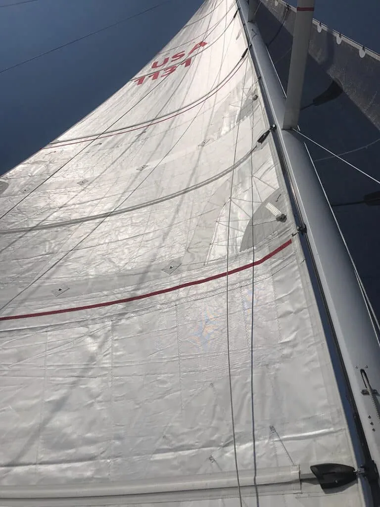Looking up Soulmates' new Hydranet mainsail on its first sail, sail number USA 1151