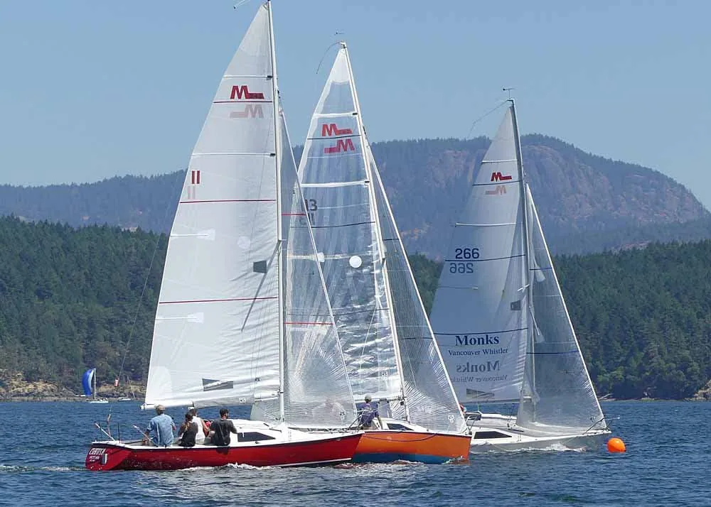 M242 fleet racing upwind together at the Cow Bay Regatta