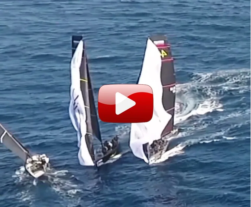 RC44 fleet racing hard, video thumbnail with play button overlay