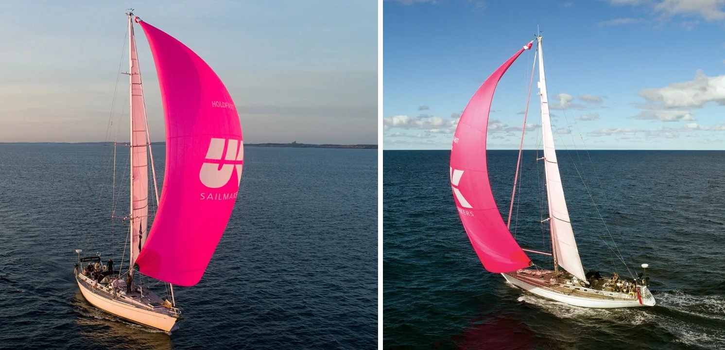 Side-by-side of the Swan 59 Icebear flying a full pink spinnaker, then working through a wrap