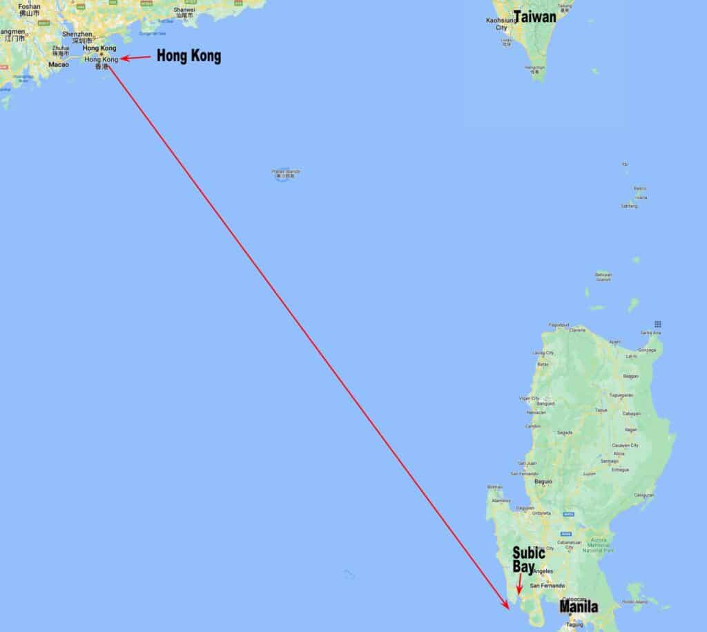 Map of the 2023 Rolex China Sea Race course from Hong Kong to Subic Bay