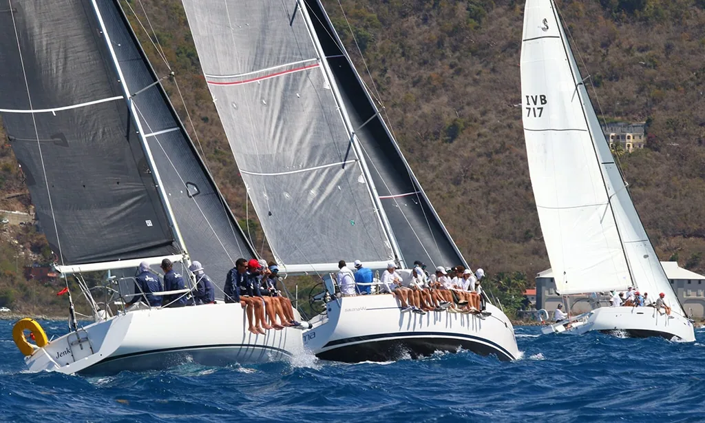 Three J/105s including Jenk sail close together upwind at BVI Spring Regatta