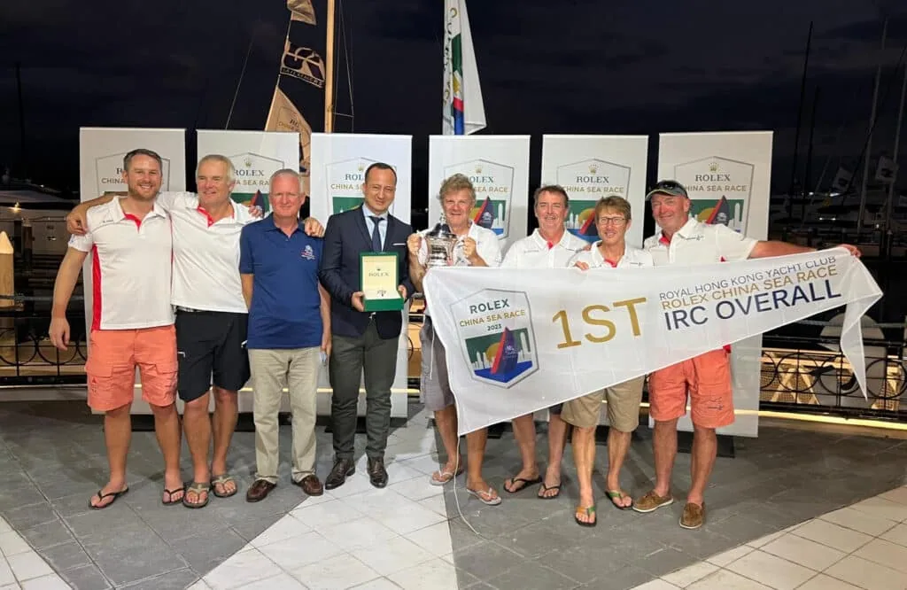 Whiskey Jack crew holds their 1st overall IRC trophy at China Sea Race awards