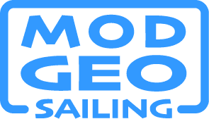 Mod Geo Sailing logo, blue text in a rounded rectangle outline