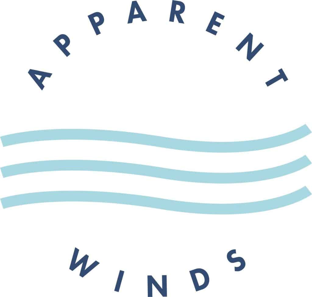 Apparent Winds logo, arched text over three wavy blue lines