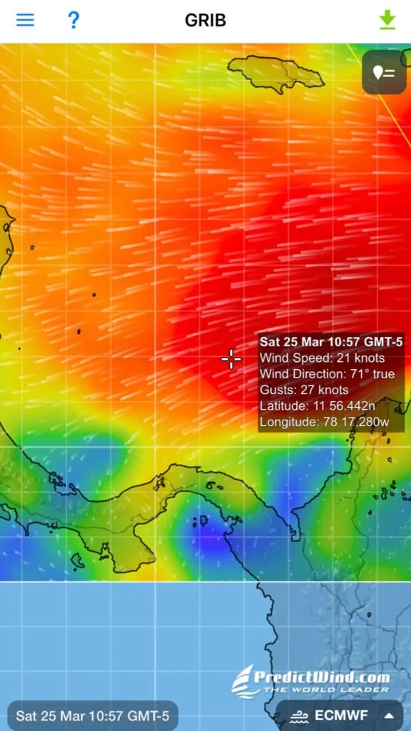 PredictWind GRIB app screen showing 21-knot winds off the Panama coast